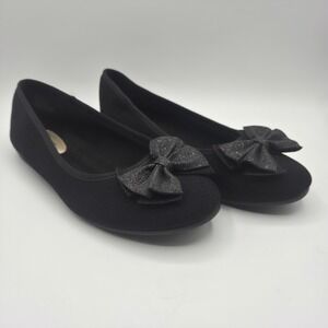 Dominique Nicole Womens Black Fabric Ballet Flats Glitter Bow Accent Round Toe